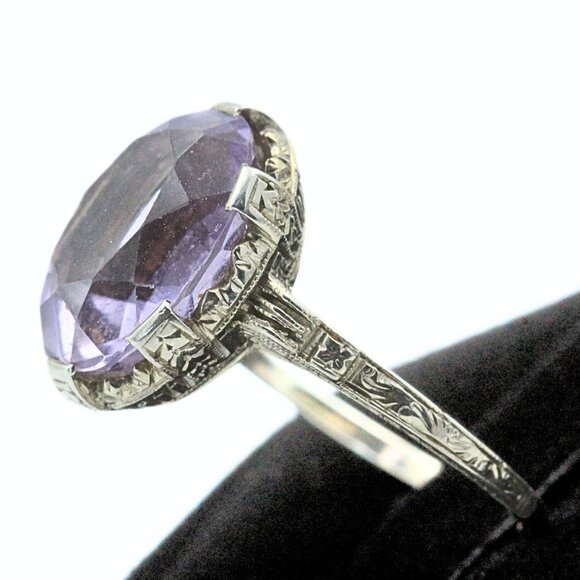 Opulent Antique Edwardian 14K White Gold Amethyst Ring Sz 8. - Picture 5 of 10